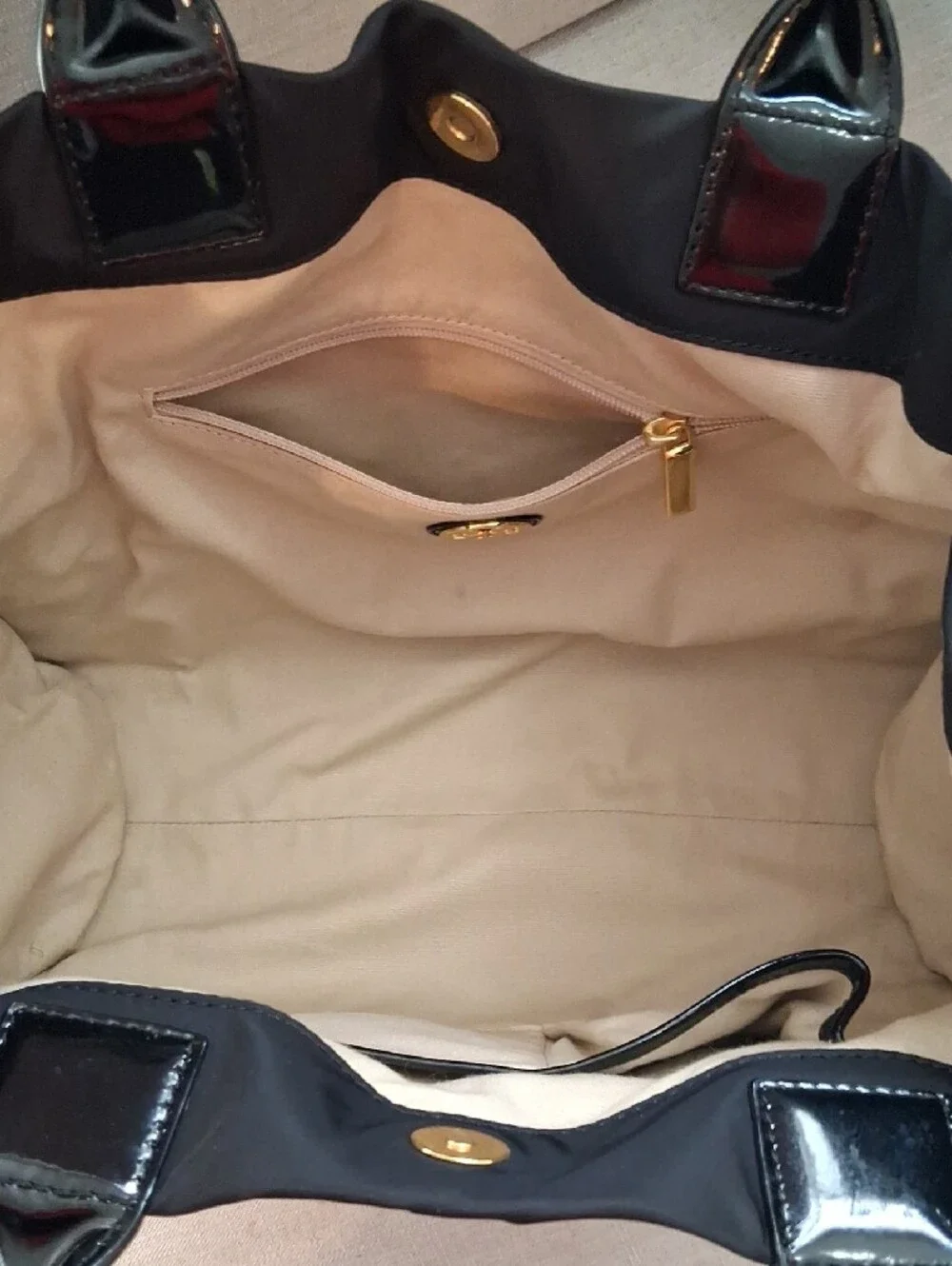 Tory Burch Black Nylon Tote with Patent Trim and Logo